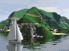 "Игрушечный остров" - зелень сопок, зеркальная гладь воды... и яхта на волнах. Bryce 3D/Adobe Photoshop. (c) Alex Wild, 1999